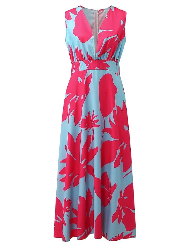 Women's Casual Dress Swing Dress Floral Dress Long Dress Maxi Dress Green Blue Pink Sleeveless Floral Print Spring Summer Deep V Hot Daily 2023 S M L XL XXL