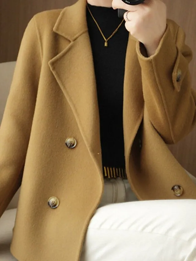 Women's Winter Blazer Coat Fall Double Breasted Lapel Jacket Wool Blend Short Coat with Pockets Warm Black White Camel