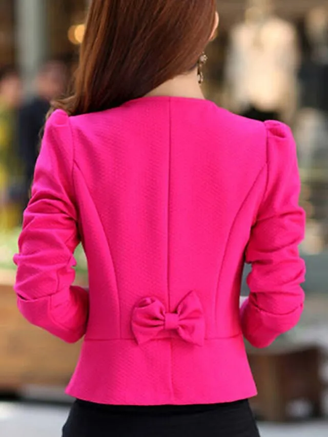Women's Blazer Fall Short Bow Coat White Black Pink Fuchsia Elegant Street Spring Open Front Round Neck Regular Fit S M L XL XXL 3XL