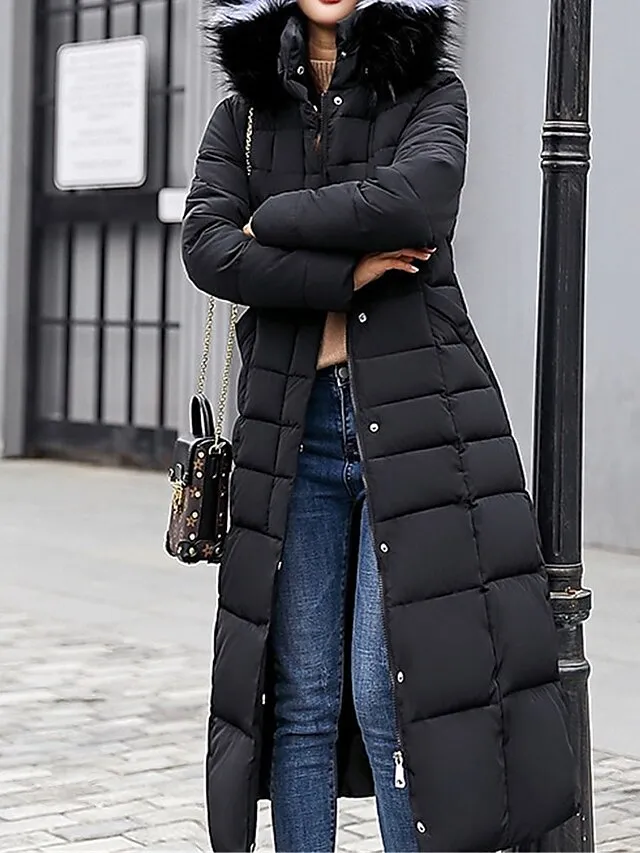 Women's Parka Winter Long Puffer Jacket Thicken Warm Coat with Fur Collar Windproof Casual Jacket Zip up Quilted Long Sleeve with Pockets