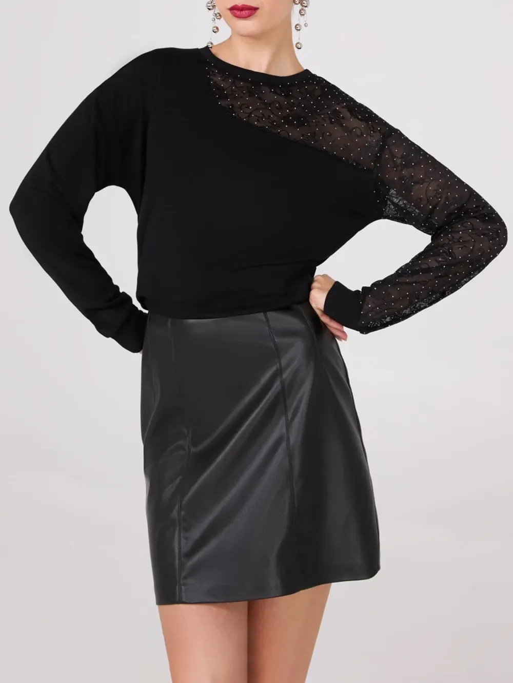 Drop Shoulder Sweater With Lace & Rhinestone Sleeve