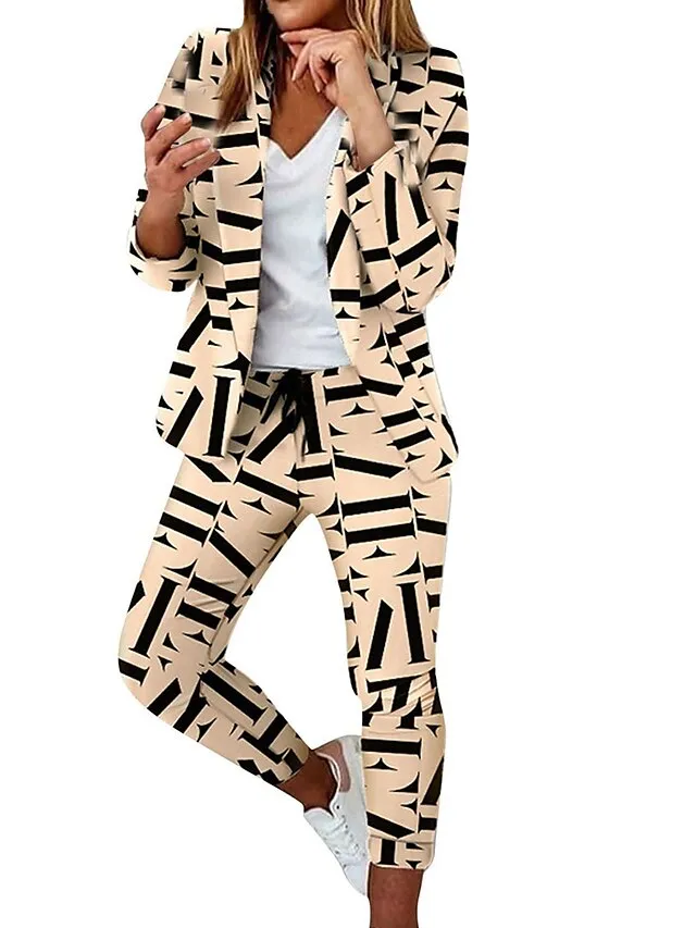 Women's Suits Office Work Daily Wear Spring Fall Regular Coat Regular Fit Thermal Warm Windproof Breathable Stylish Contemporary Modern Style Jacket Long Sleeve Color Block Striped Print White+Black