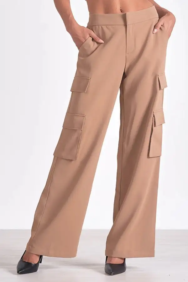 Tan Multi-Pocket Wide-Leg Cargo Pants