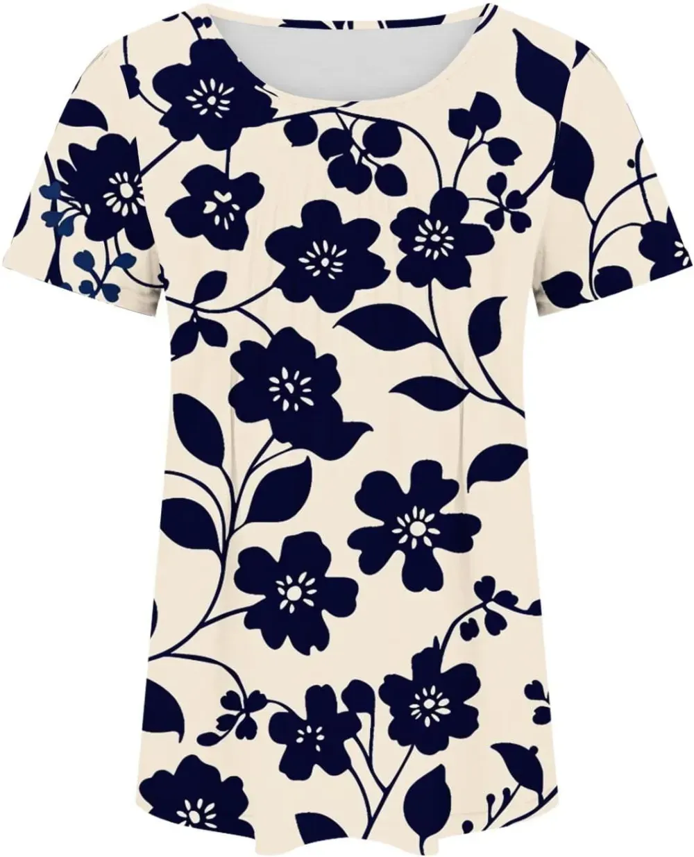 Womens Summer Pleated Front Shirts Tunics Casual Short Sleeved Loose Round Neck Boho Printed Tops Vacation Blouse