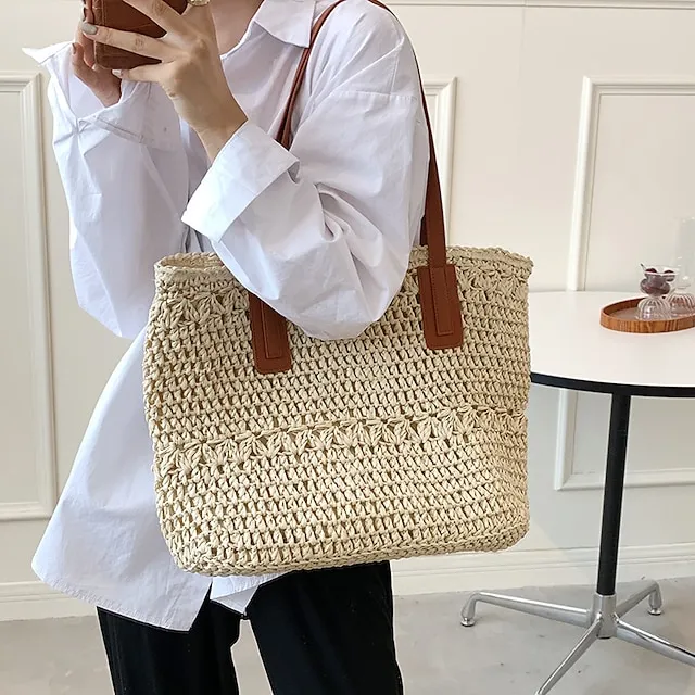 Women's Top Handle Bag Straw Bag Shoulder Bag Straw Outdoor Daily Zipper Solid Color Khaki Beige