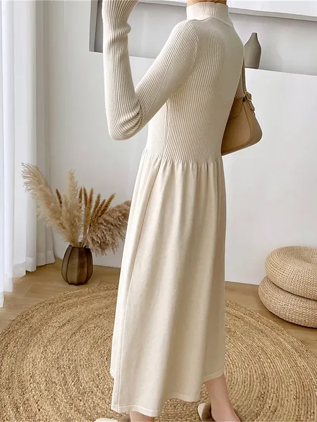 Women's Sweater Dress Knit Dress Jumper Dress Midi Dress Knitwear Elegant Fashion Plain Outdoor Daily Going out Turtleneck Long Sleeve 2023 Loose Fit Black Apricot One Size