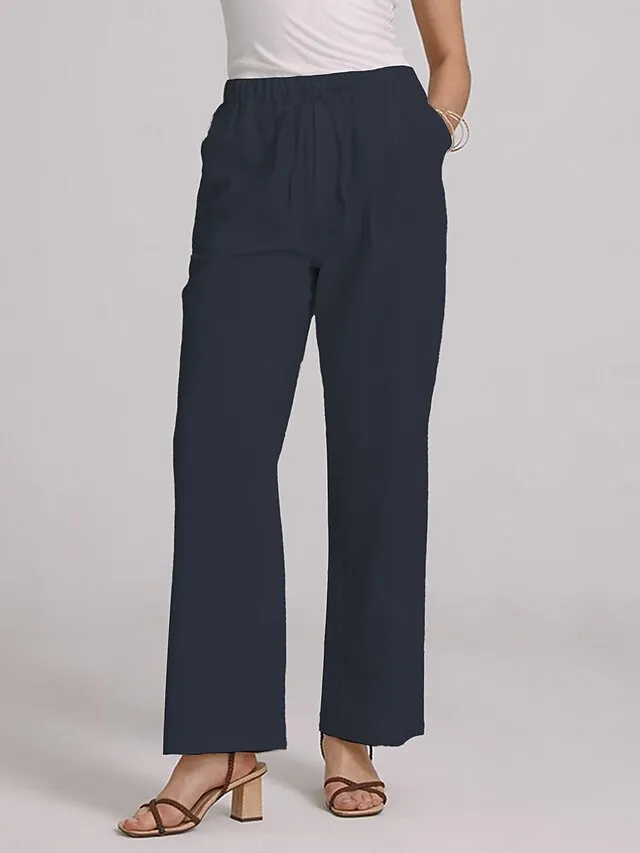 Women's Bootcut Culottes Wide Leg Chinos Cotton Faux Linen Solid Colored Baggy Mid Waist Lightweight Basic Wedding Daily Black White S M Spring &  Fall