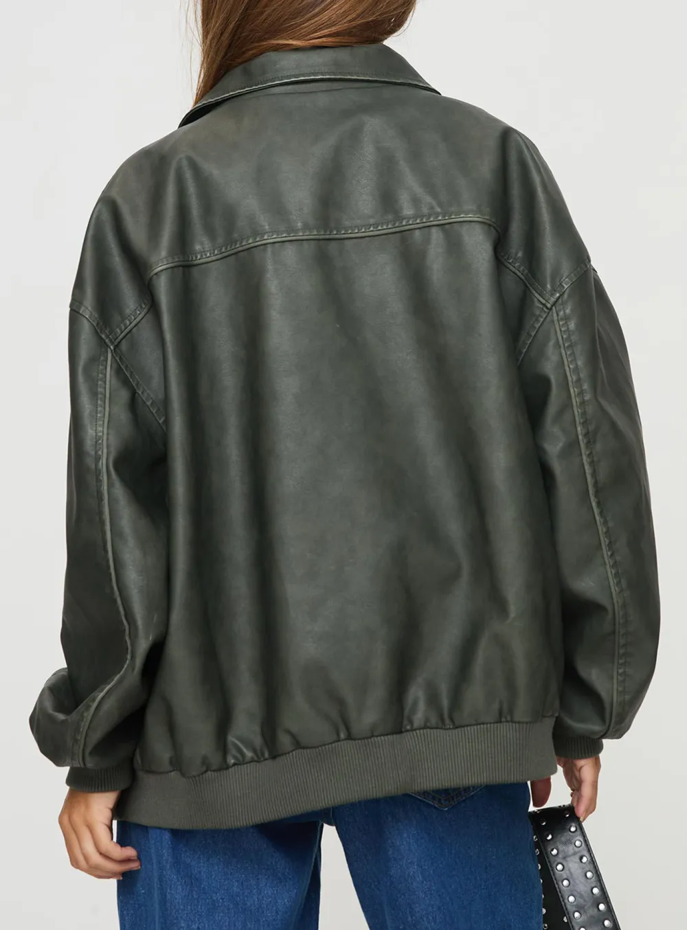 Loose Fit Faux Leather Bomber Jacket