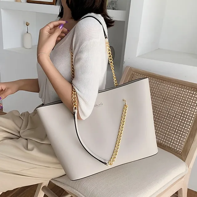 Women's Shoulder Bag Tote Crossbody Bag Leather PU Leather Outdoor Office Daily Chain Solid Color Black White Red