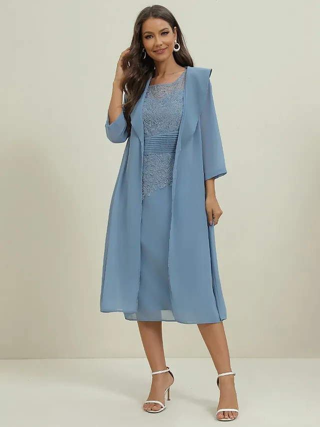 Women's Lace Dress Dress Set Wedding Guest Dress Midi Dress Dusty Blue Green 3/4 Length Sleeve Pure Color Lace up Summer Spring Fall Crew Neck Elegant Party Wedding Guest 2023 S M L XL 2XL 3XL