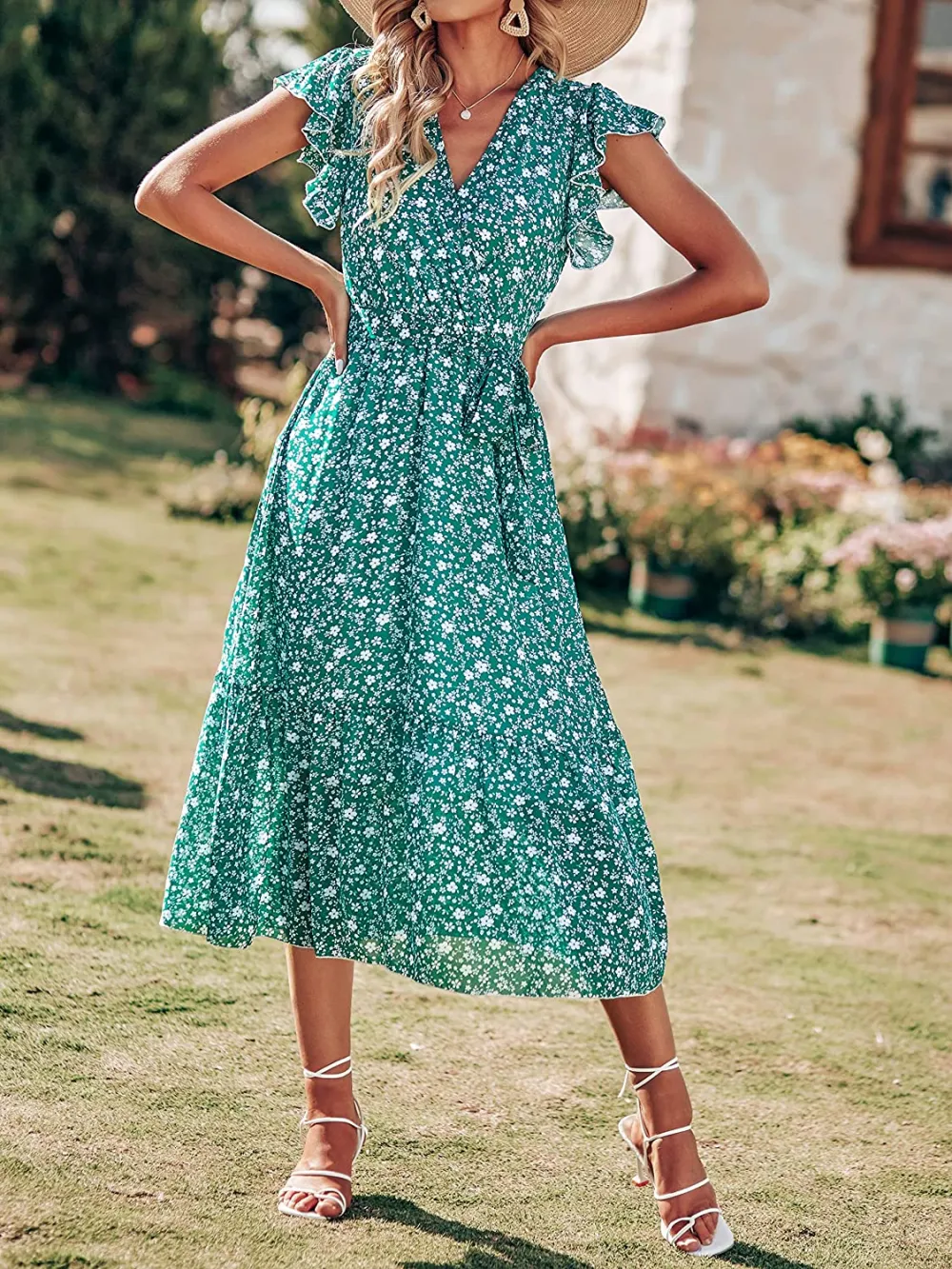 Women Summer Bohemian Floral Casual Wrap V Neck Ruffle Cap Sleeveless Belt A-Line Pleated Hem Swing Midi Sun Dress
