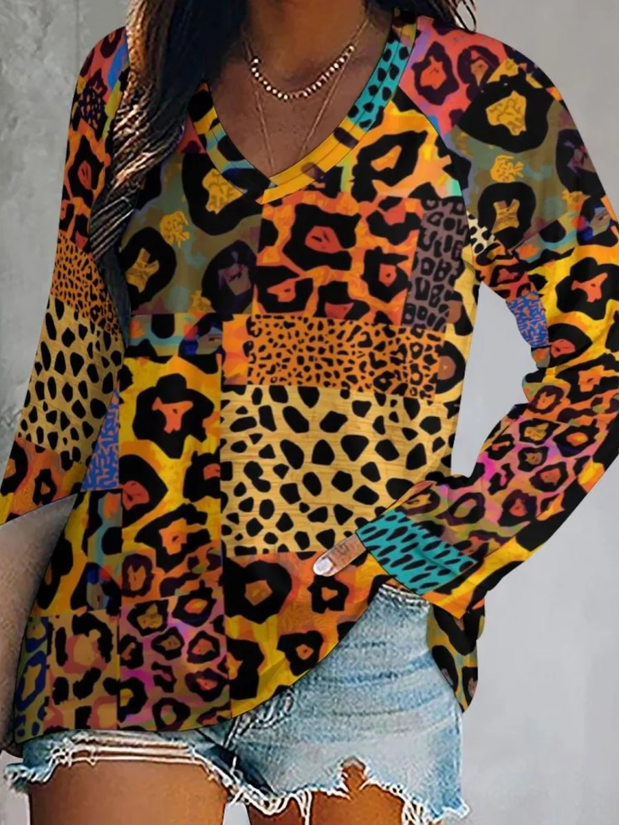 Patchwork Leopard V-Neck Top