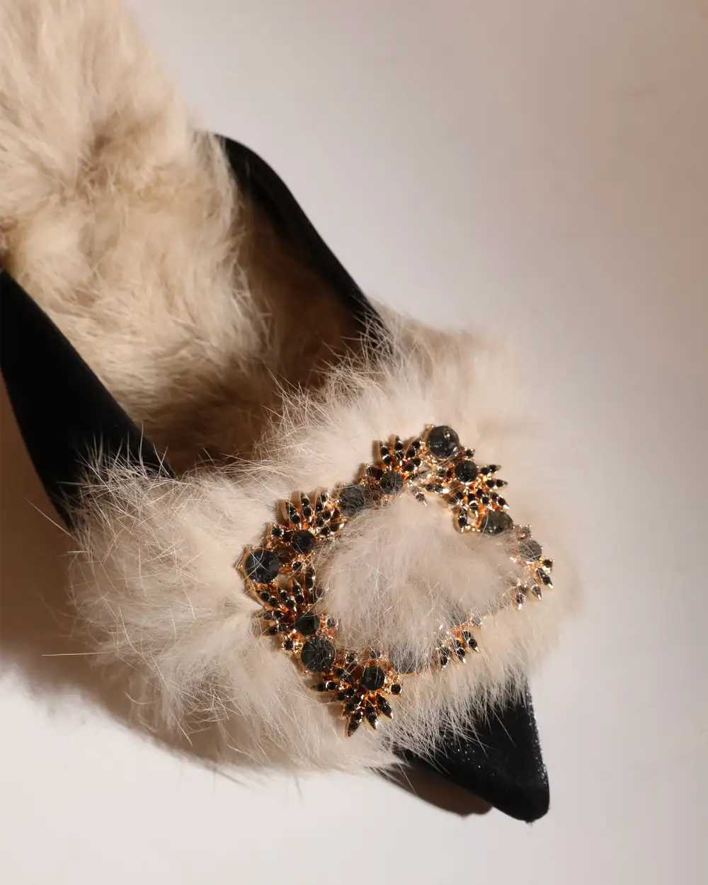 Faux Fur Satin Mules in Black