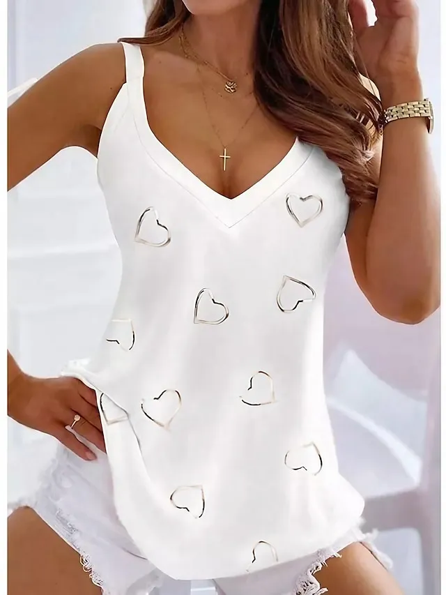 Women's Tank Top Going Out Tops Summer Tops Heart Black White Pink Print Sleeveless Casual Weekend Tunic Basic V Neck Regular Fit