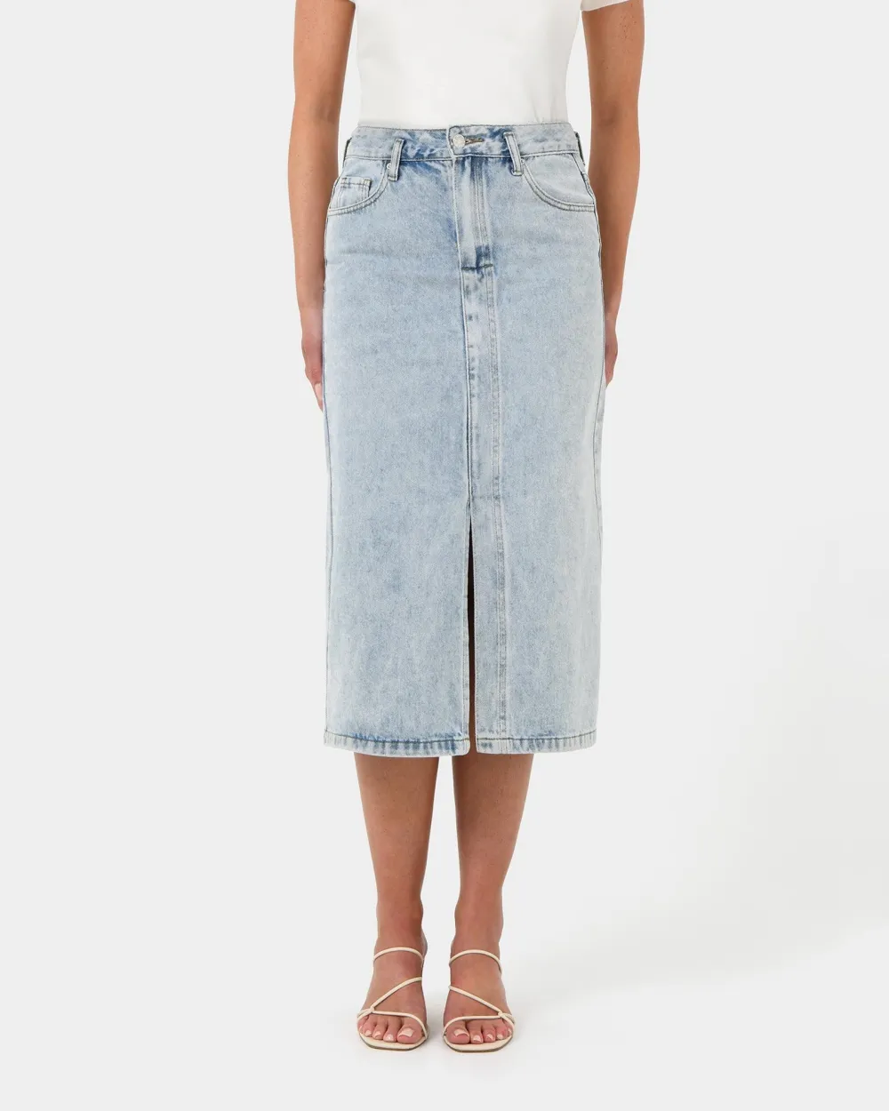 High Rise Midi Denim Skirt