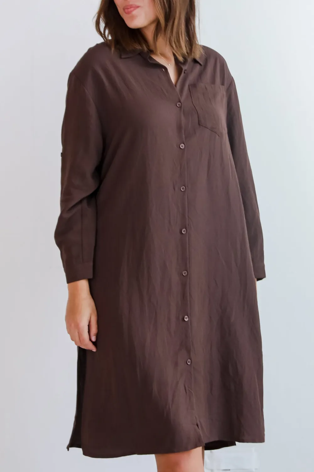 Cherished Chicness Brown Button Front Midi Dress