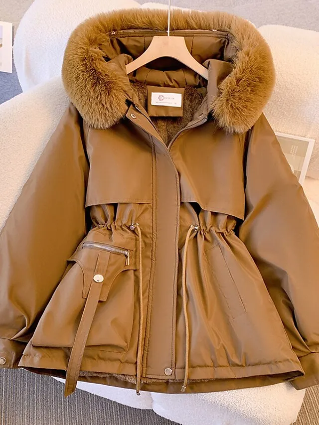 Women's Puffer Jacket Winter Fleece Parka with Collar Drawstring Zipper Coat Windproof Warm Hoodie Jacket with Pockets Fashion Street Outerwear Brown Black Khaki