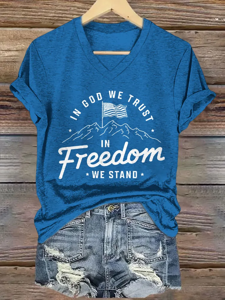 Women's  In God We Trust In Freedom We Stand Print Short Sleeve Round Neck Cotton T-Shirt