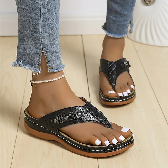 Women's Flip-Flops Flip-Flops Wedge Heel Open Toe Casual PU Leather Loafer Black Blue Brown