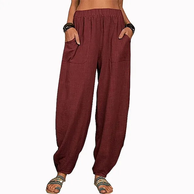 Women's Cotton And Linen Lounge Pants Solid Color Loose Casual Pants Home Street Daily Harem Trousers
