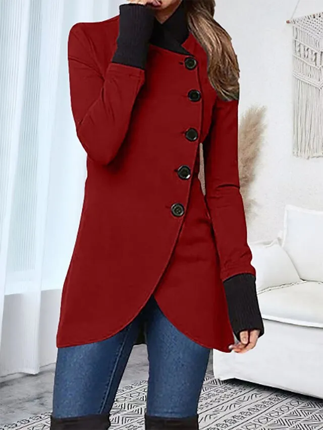 Women's Overcoat Long Pea Coat Single Breasted Stand Collar Trench Coat Christmas Xmas Red Slim Fit Winter Coat Windproof Warm Comtemporary Stylish Casual Jacket Long Sleeve Black Wine Army Green