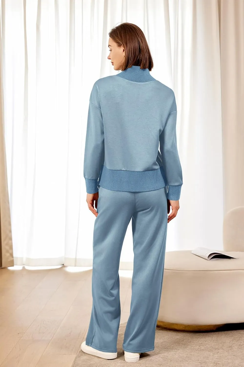 Women's 2-Piece Lounge Set 🧶 | Cozy Knit Turtleneck Top & Matching Pants Outfit