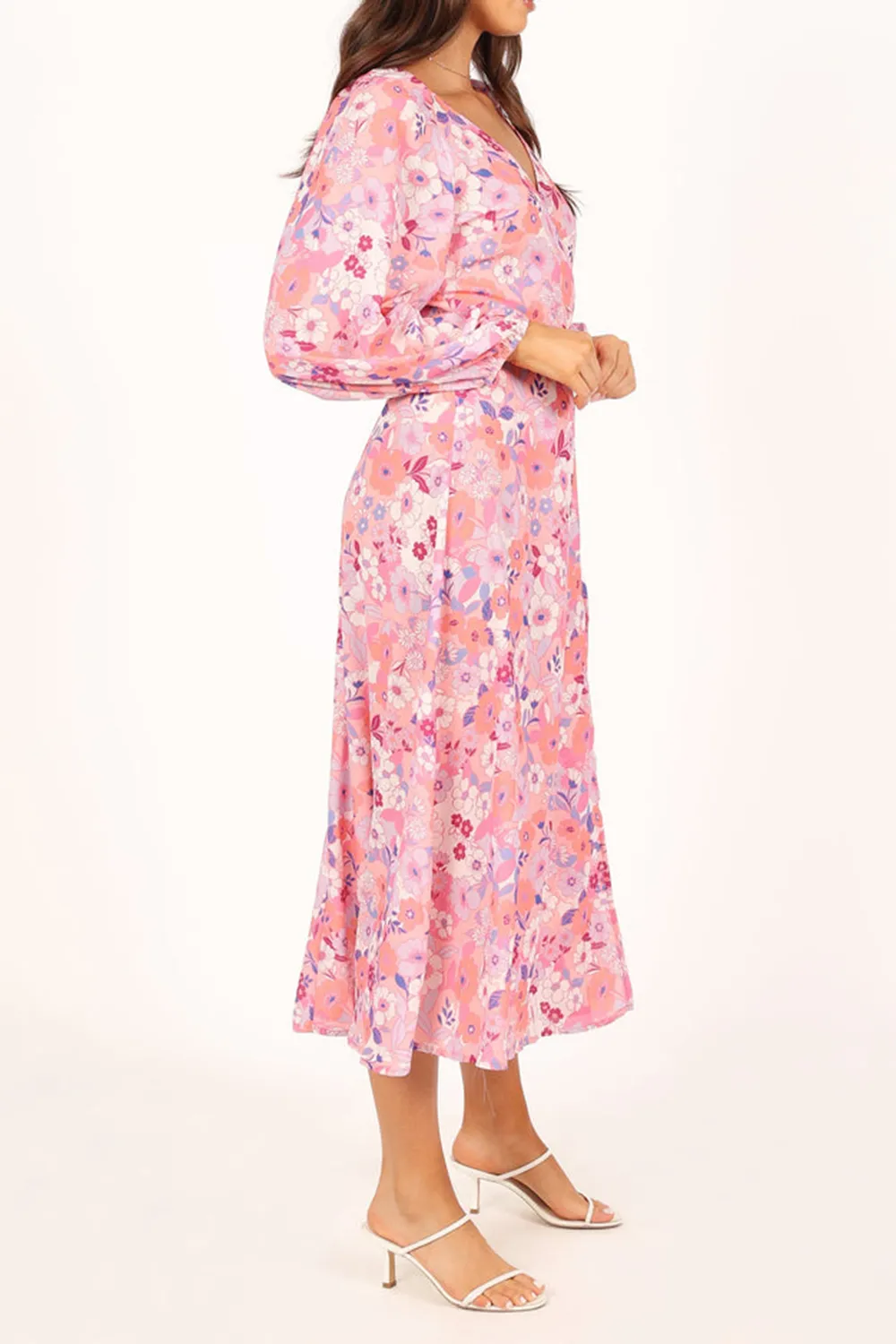PINK FLORAL LONG SLEEVE MIDI DRESS