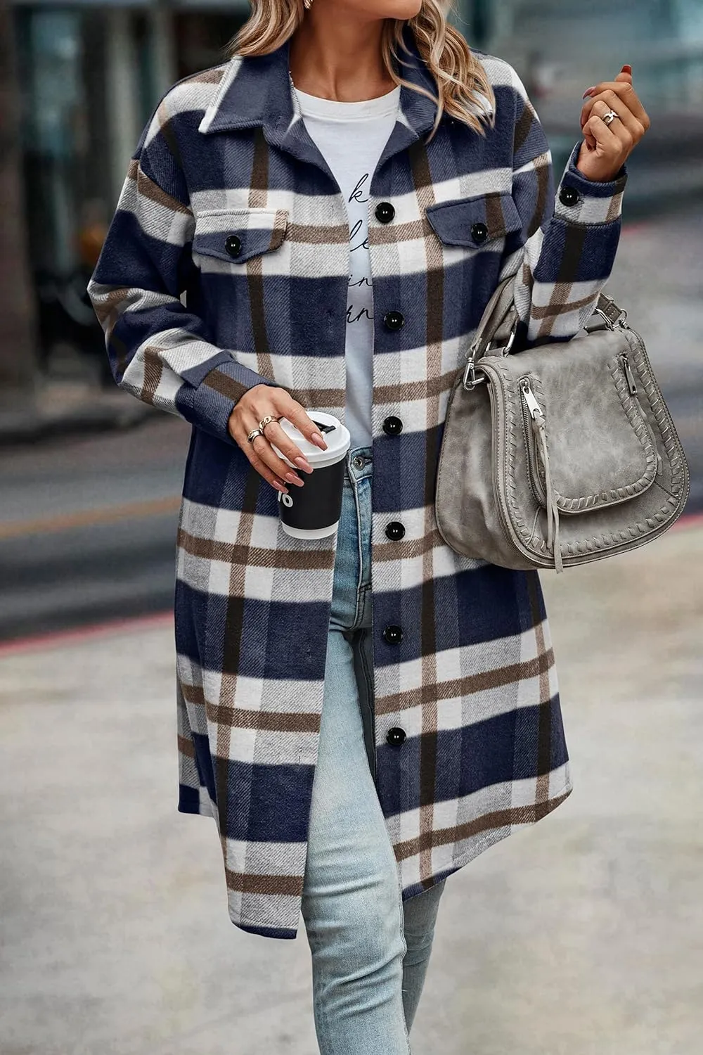 Women's Plaid Shacket 2023 Long Sleeve Button Up Flannel Shirt Winter Tartan Jacket Woolen Coats