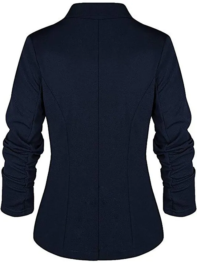 Women's Blazer Formal Office Jacket Open Front Button Plain Windproof Streetwear Pink Regular Fit Outerwear Long Sleeve Spring Navy S