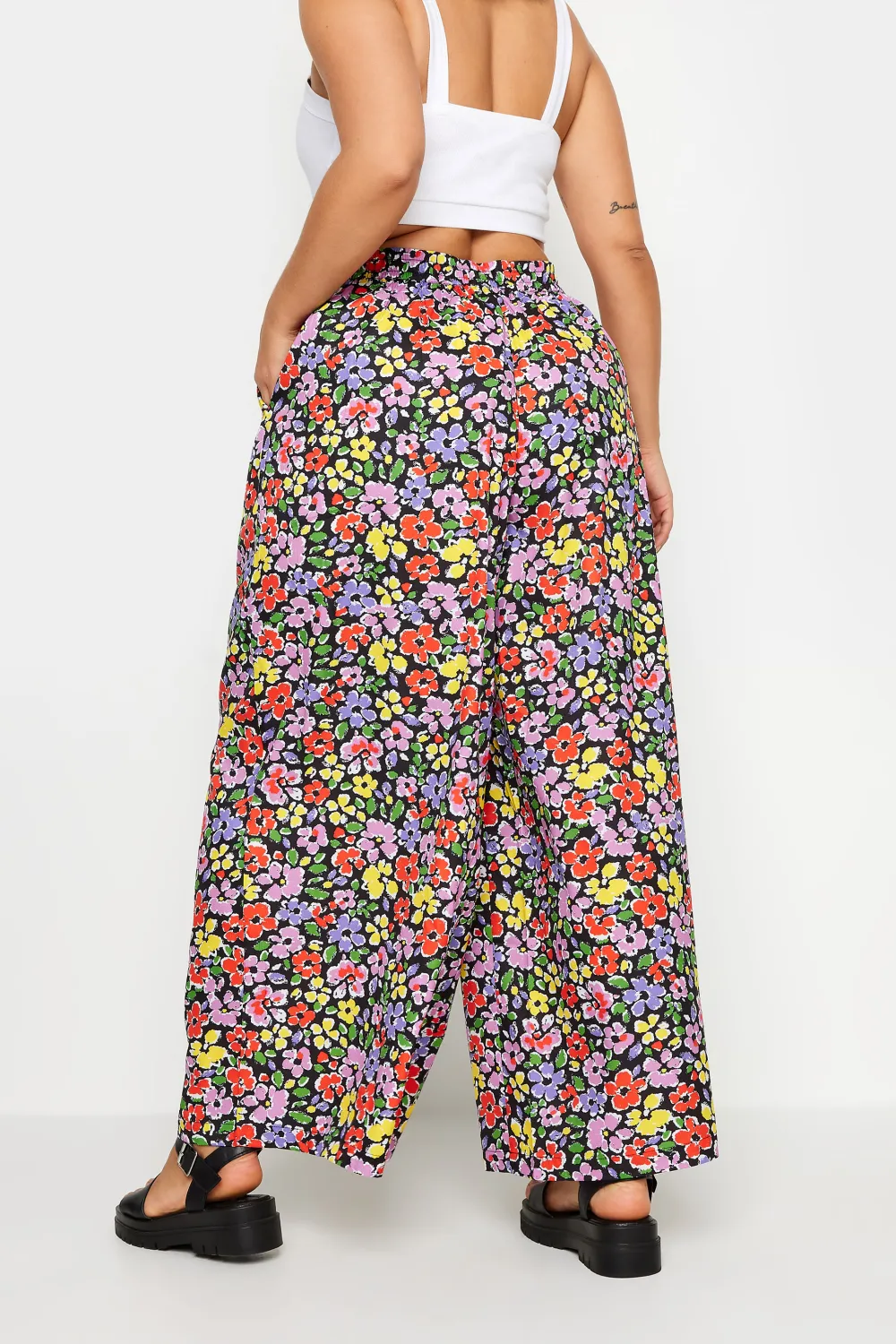 Yours Curve Black Leaf Print Drawstring Wide Leg Trousers