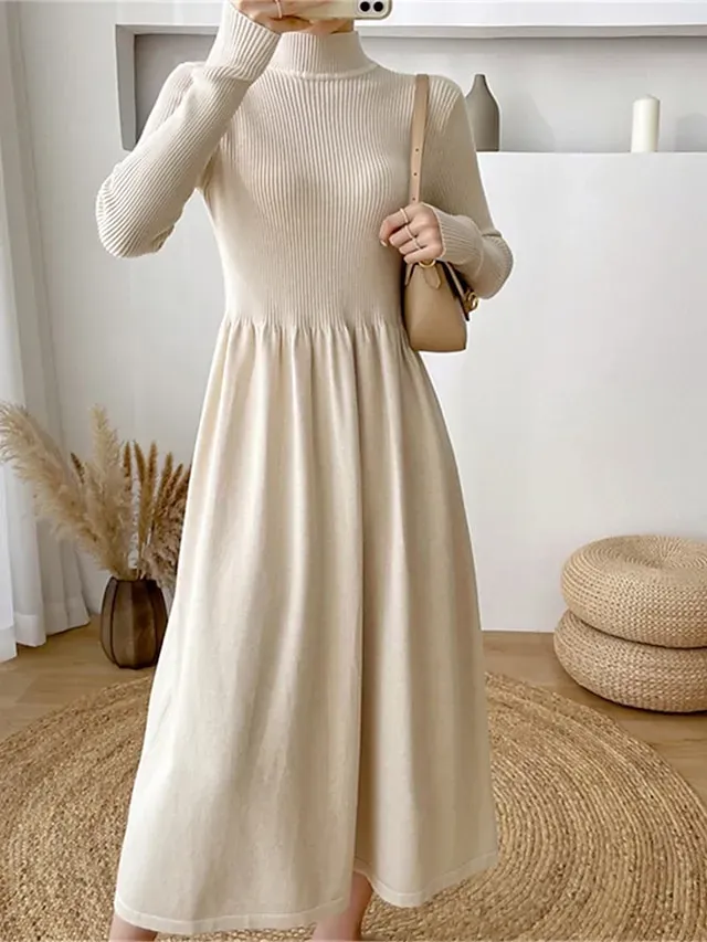 Women's Sweater Dress Knit Dress Jumper Dress Midi Dress Knitwear Elegant Fashion Plain Outdoor Daily Going out Turtleneck Long Sleeve 2023 Loose Fit Black Apricot One Size