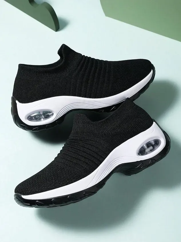 Sports Color Block Breathable Slip On Block Heel Fly Woven Shoes