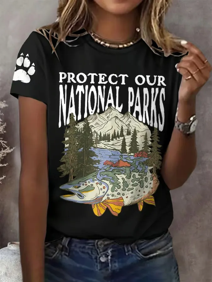 Women'S T-Shirt Women Protect Our National Parks Printed Crewneck T-Shirt Pure Cotton Casual
