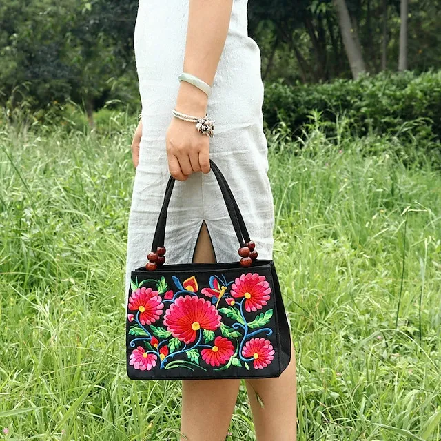 Women's Handbag Canvas Outdoor Holiday Embroidery Large Capacity Breathable Lightweight Folk Dark Red Black / Red Blue peacock