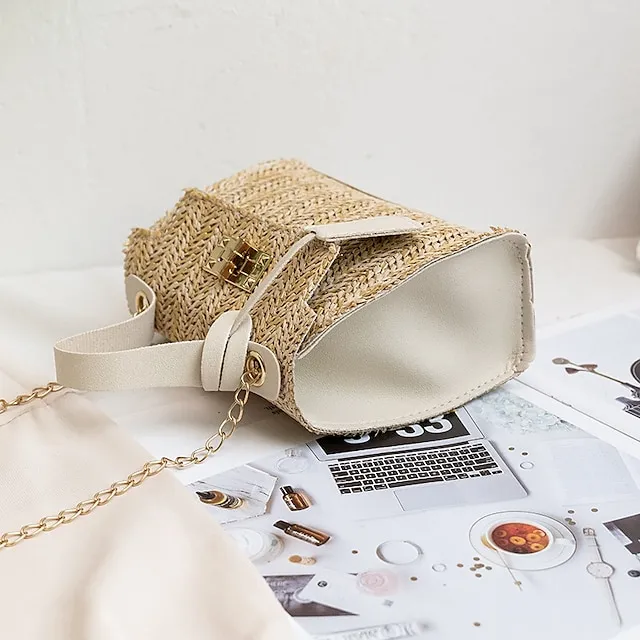 Fashion Women Straw Woven Shoulder Crossbody Messenger Bag Casual Ladies Summer Beach Vacation Chain Small Handbags Flap Purse
