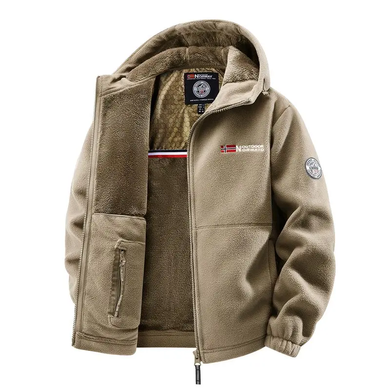 Men'S Outdoor Heavyweight Fleece Jacket - Double-Sided Warm Hooded Coat With Full Zip, Multi Pockets & Machine Washable Polyester For Camping Hiking Casual Wear