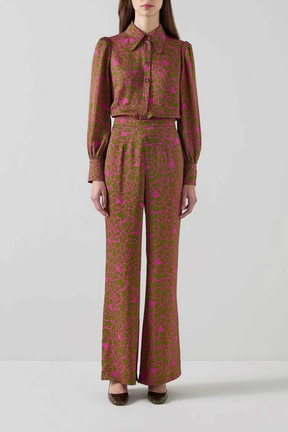 Pink Patterned Long Sleeve Button Down Blouse