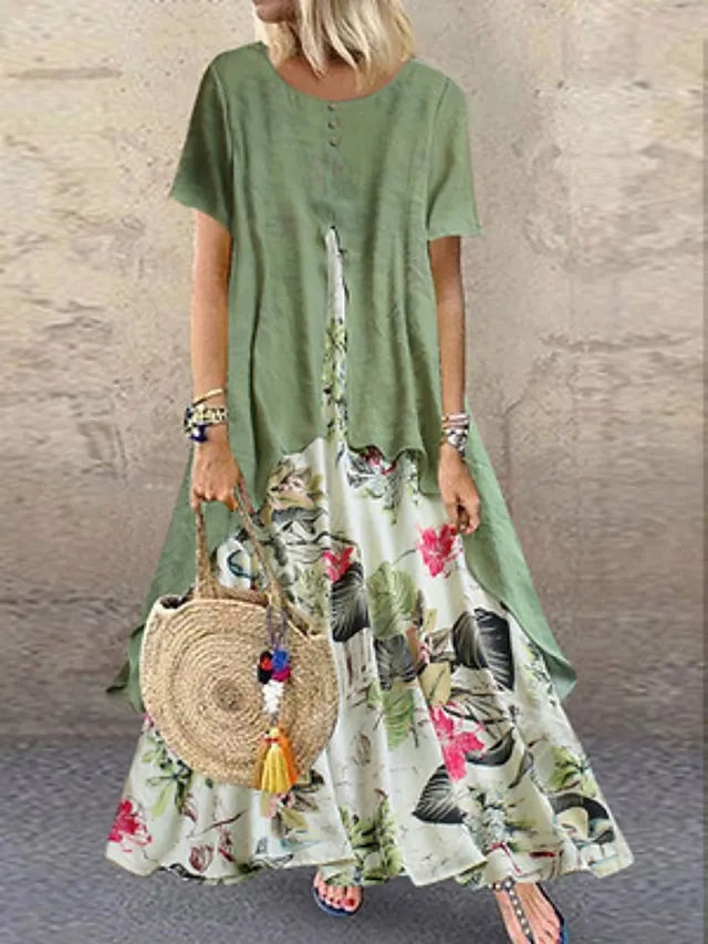 Women's Casual Dress Linen Dress Swing Dress Long Dress Maxi Dress Green Short Sleeve Floral Patchwork Summer Spring Crew Neck Fashion 2023 5XL