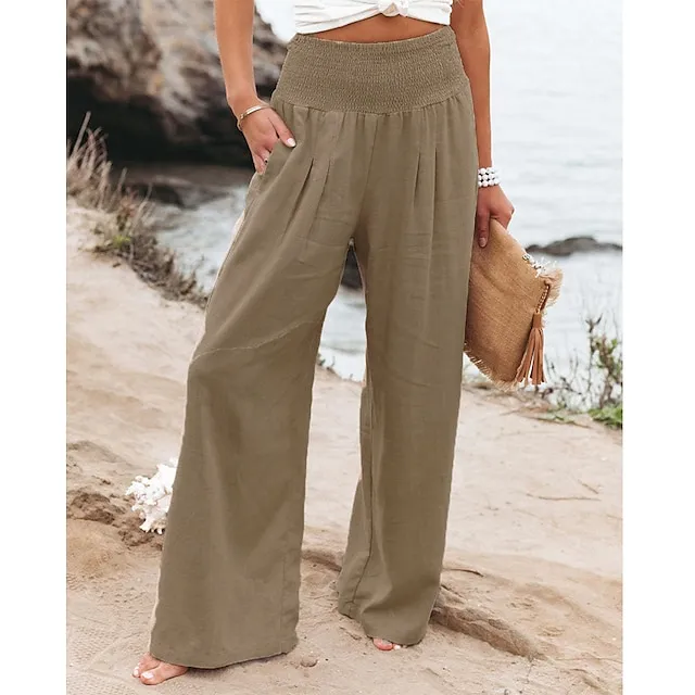 Women‘s Casual Fashion Culottes Wide Leg Chinos Wide Leg Side Pockets Cotton Linen Full Length Pants Casual Weekend Micro-elastic Chinese Style Comfort Mid Waist White Black Khaki S M L XL XXL