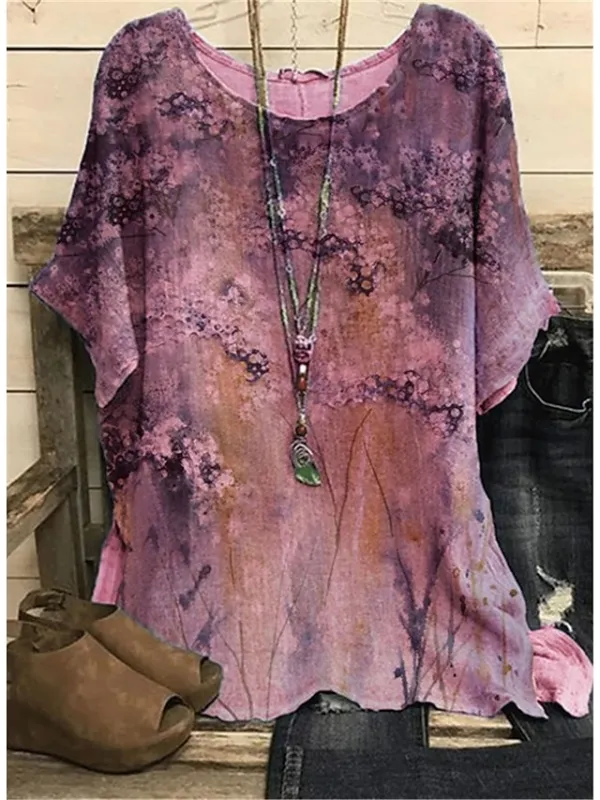 Women's Plus Size Shirt Blouse Yellow Pink Blue Graphic Floral Print Short Sleeve Daily Vacation Weekend Vintage Basic Holiday Crew Neck Regular Fit Dolman Sleeve Summer Spring