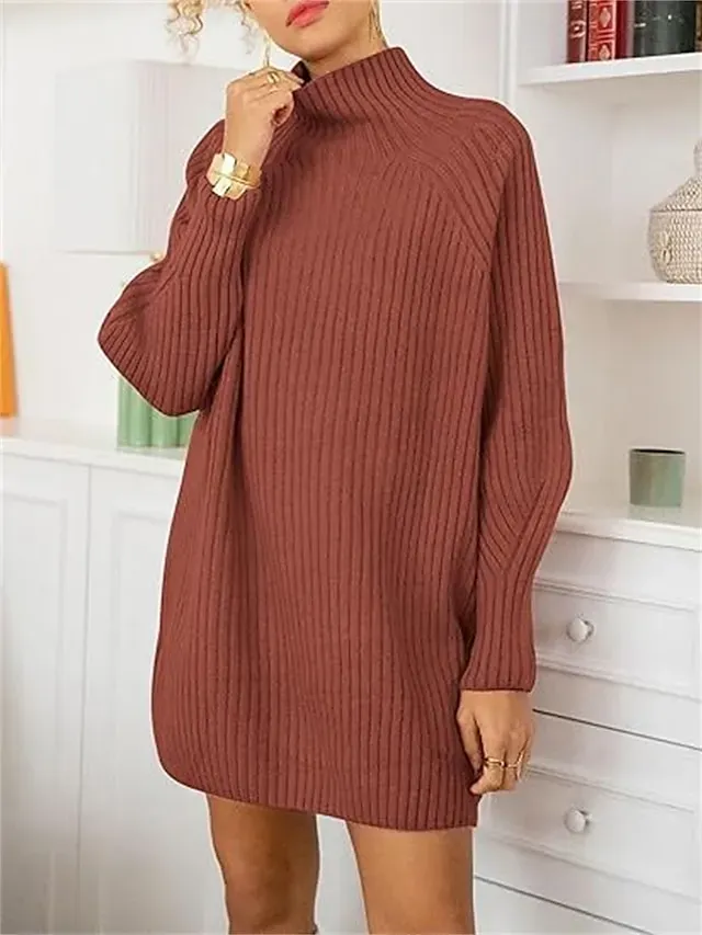 Women's Sweater Dress Jumper Dress Winter Dress Mini Dress Warm Fashion Casual Plain Outdoor Daily Vacation Going out Turtleneck Long Sleeve 2023 Loose Fit Black White Blue S M L XL