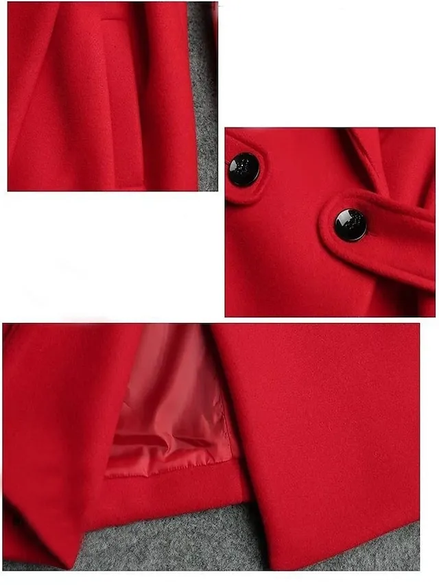 Women's Winter Coat Long Pea Coat Lapel Fall Warm Overcoat Maillard Windproof Warm Outerwear with Pockets Trench Coat Comtemporary Stylish Casual Jacket Long Sleeve Red Camel Brown