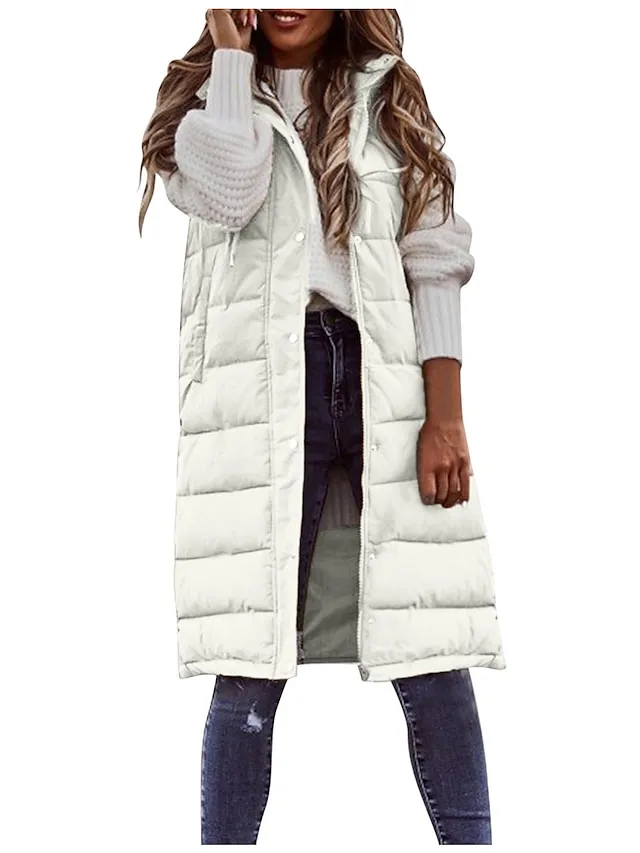 Women's Winter Jacket Long Puffer Vest Fall Maillard Outdoor Street Daily Winter Fall Long Coat Regular Fit Windproof Warm Casual Jacket Sleeveless Solid Color Khaki Red White