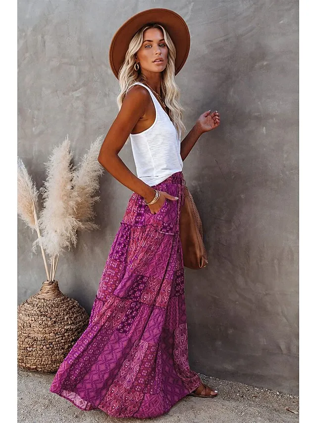 Women's Skirt Swing Long Skirt Maxi Red Blue Purple Orange Skirts Spring & Fall Ruffle Print Fashion coastal grandma style Boho Holiday Casual Daily S M L