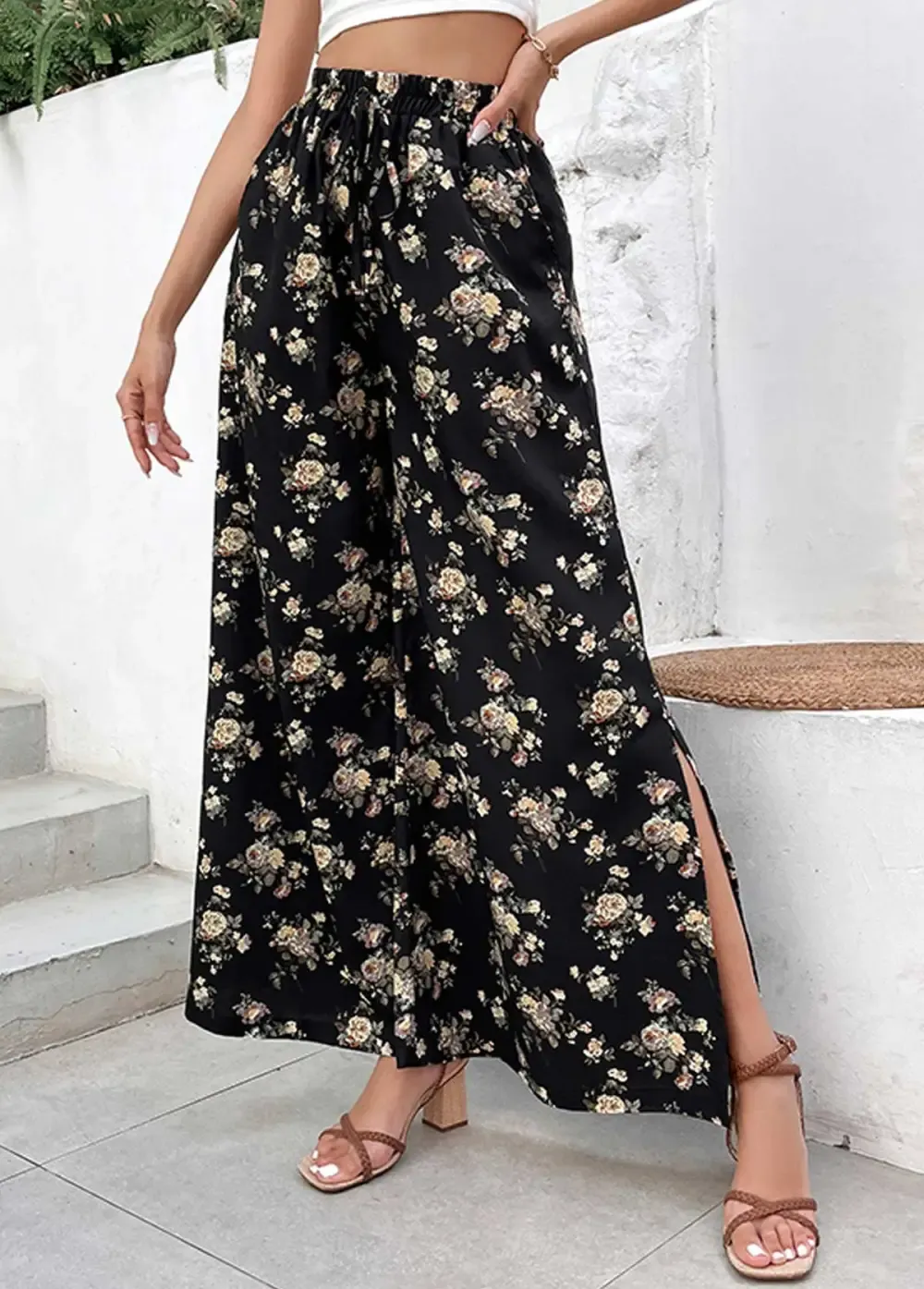 Black Split Ditsy Floral Print Flare Leg Pants