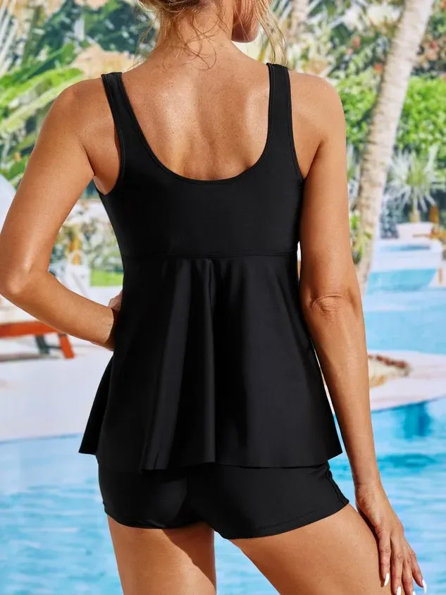 Simple Plain Gathered V Neck Tankinis Two-Piece Set