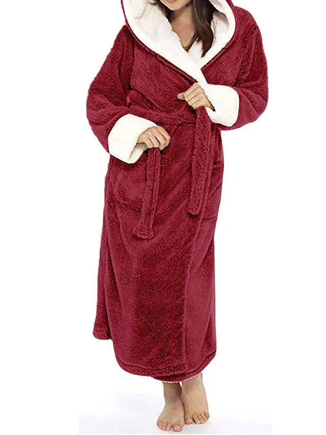 Women's Pajamas Bathrobe Robes Gown Pure Color Warm Plush Comfort Home Daily Bed Polyester Breathable Hoodie Long Sleeve Pocket Fall Winter Red Lavender