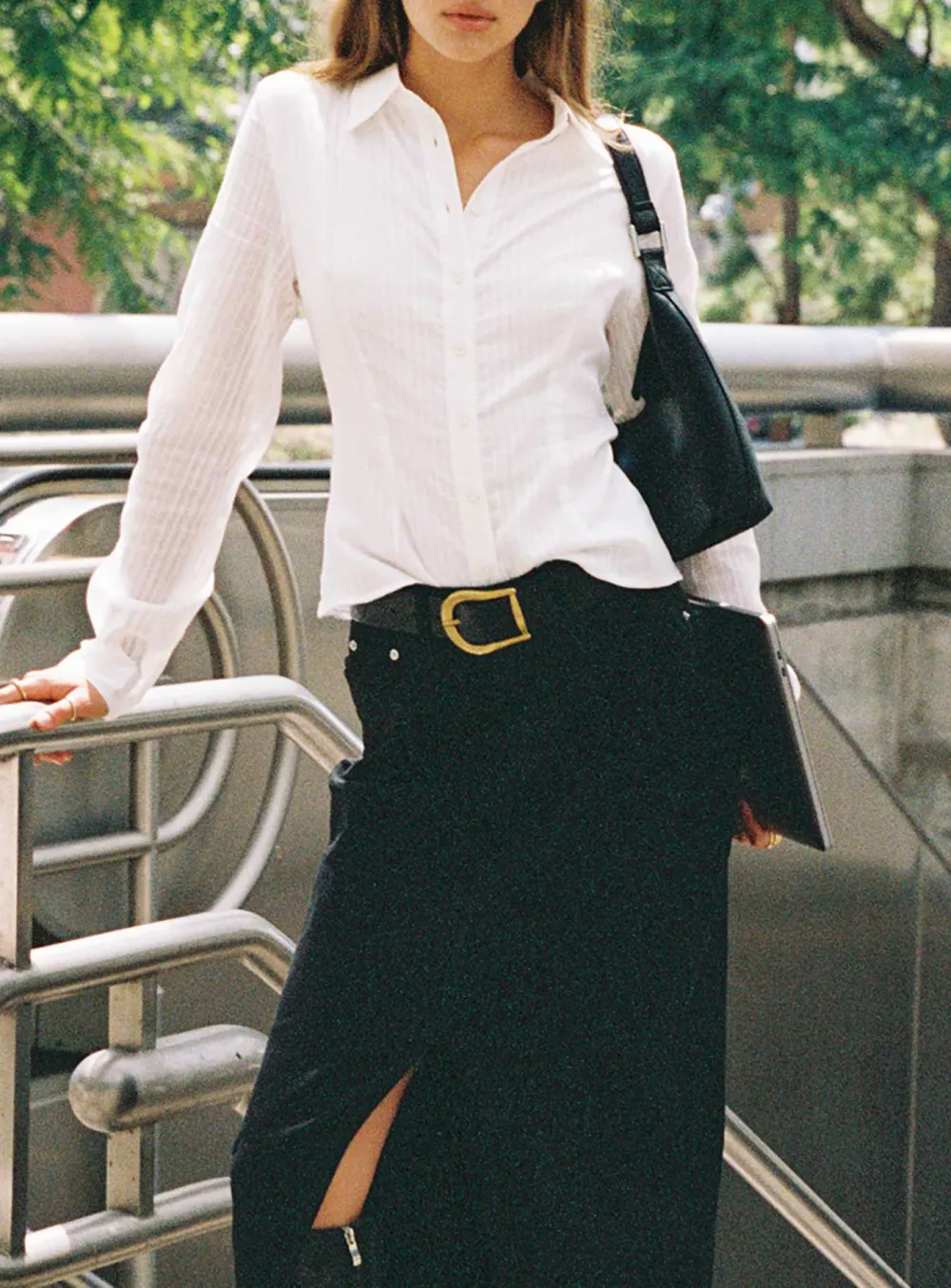 White Pleated Long Sleeve Shirt