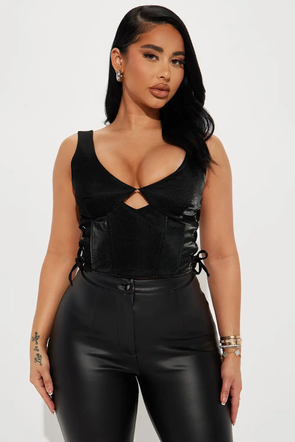 Maebri Faux Leather Corset Top - Black