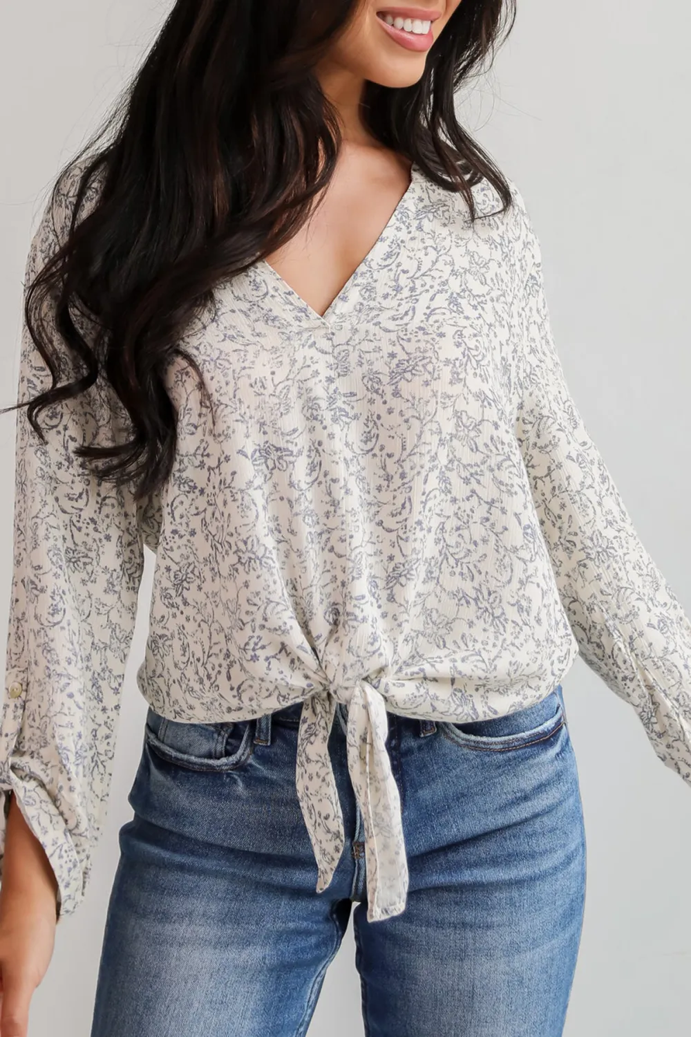 Decadently Sweet Cream Floral Tie-Front Blouse